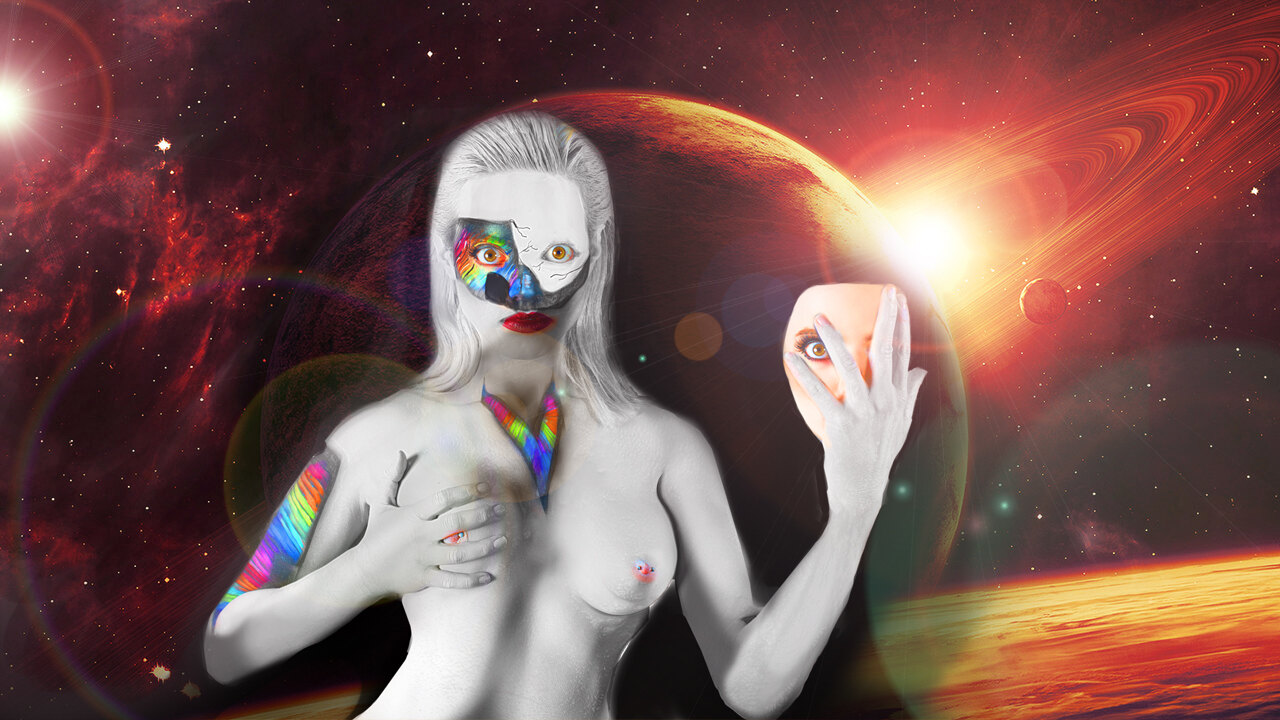 A cosmic art portrait of Violet in white robot body paint holding a painted mask before a glowing planet.